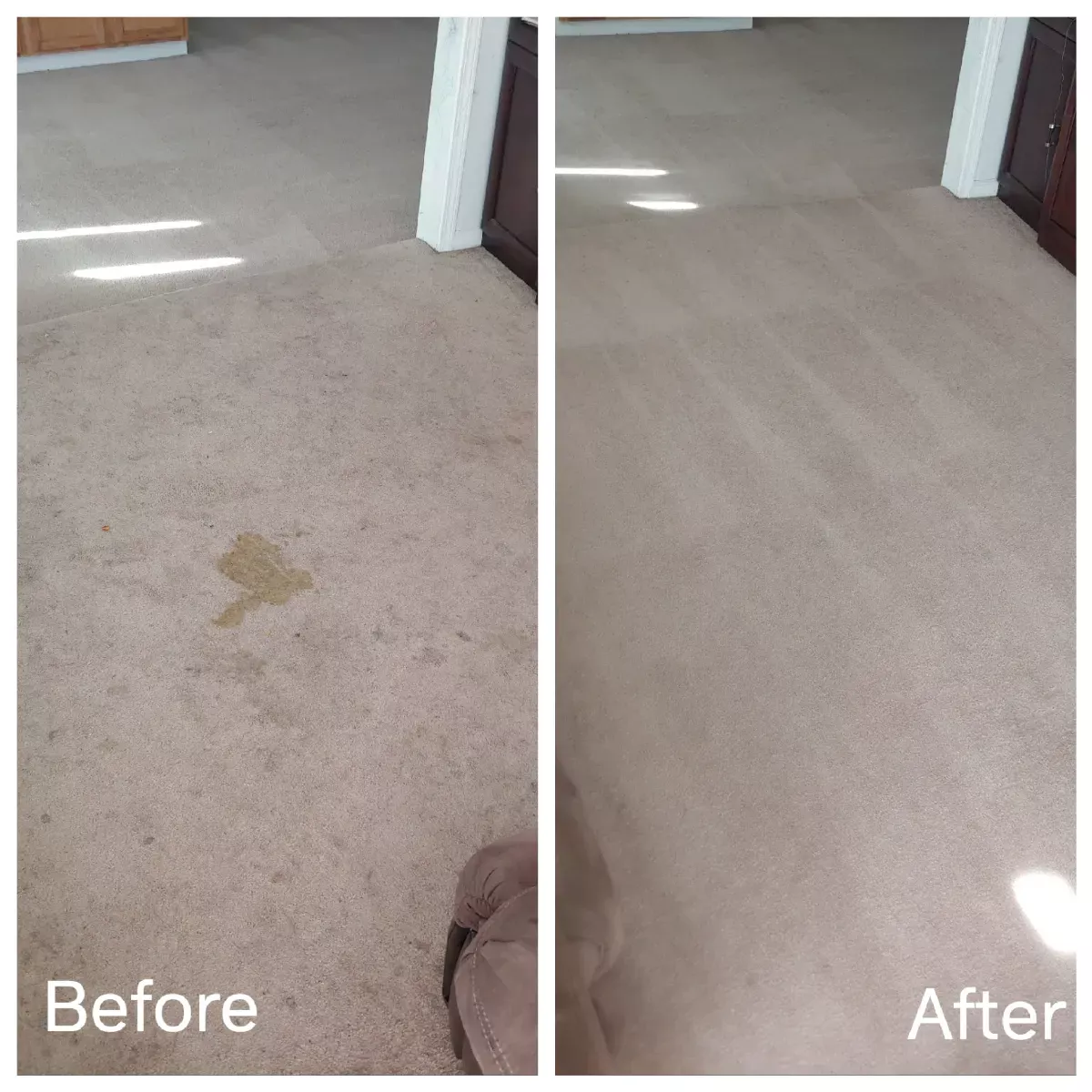 Before and after: a stained carpet, fully restored, by Elite Carpet Cleaning in Summerville, SC