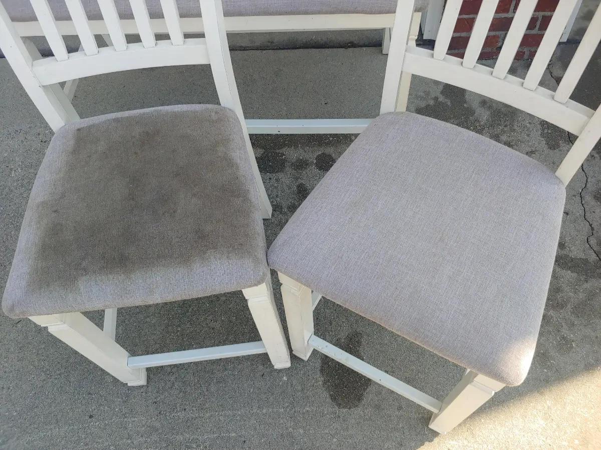 Dining chair seats, cleaned and uncleaned side by side, by Elite Carpet Cleaning in Summerville, SC